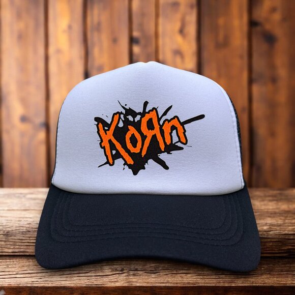 Korn Mens Trucker Hat Black Snapback Nu Metal Hard Rock 90s Logo Baseball Cap - Picture 1 of 4